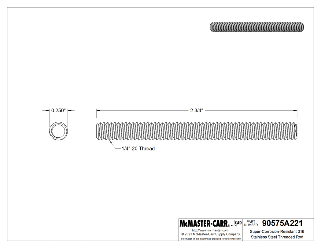 Technical Drawing of Super-Corrosion-Resistant 316 Stainless Steel Threaded Rod, 1/4"-20 Thread Size, 2-3/4" Long.